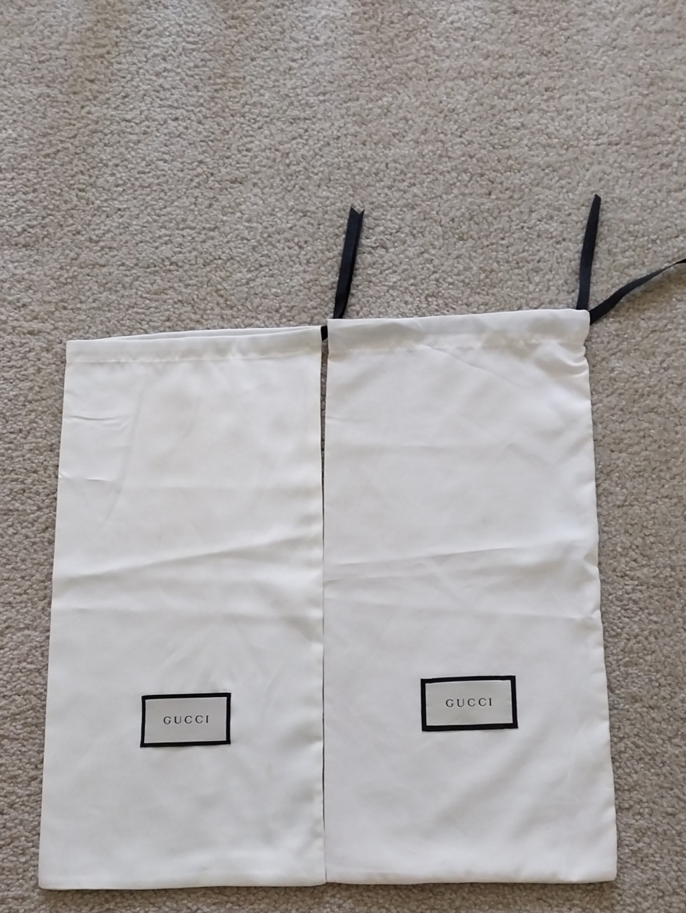 Two Gucci White Drawstring Logo Dust Bags with Black Ties